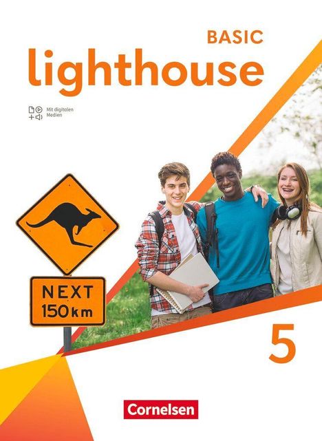 "BASIC lighthouse 5" und "NEXT 150 km" auf einem Känguruschild. Drei lächelnde Jugendliche im Freien. 