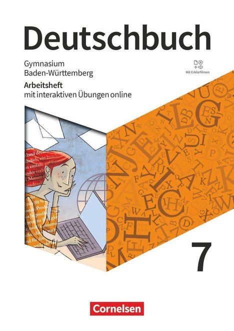 „Deutschbuch: Gymnasium Baden-Württemberg, Arbeitsheft“ steht oben. Unten ein Logo: „Cornelsen“. Links Illustration einer Person am Laptop.