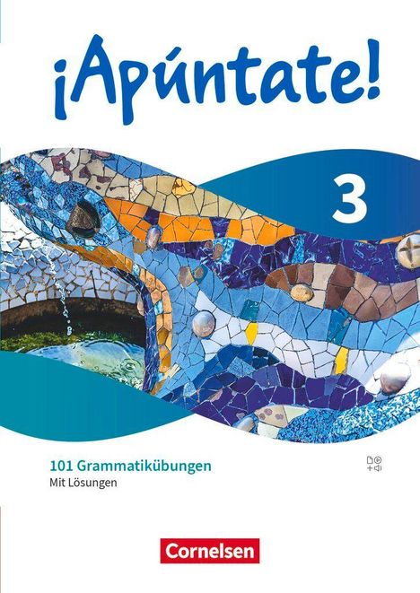 Text: "¡Apúntate! 3", "101 Grammatikübungen Mit Lösungen", "Cornelsen". Bunte Mosaike in Blau- und Orangetönen.