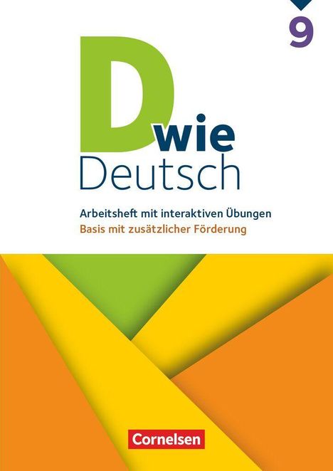 "D wie Deutsch", Arbeitsheft mit interaktiven Übungen, Basis mit zusätzlicher Förderung. Bunte Grafik aus Dreiecken.