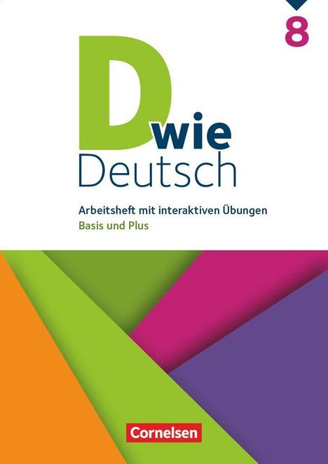 D wie Deutsch. Arbeitsheft mit interaktiven Übungen. Basis und Plus. Nummer 8 oben rechts. Farbenfrohes geometrisches Design.