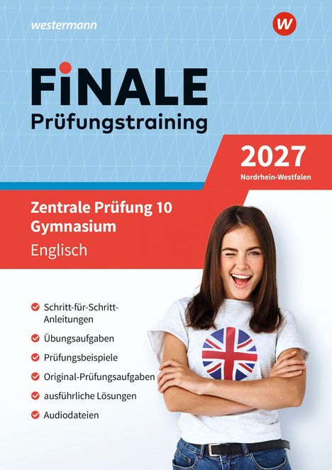 "FINALE Prüfungstraining 2027 Nordrhein-Westfalen. Zentrale Prüfung 10 Gymnasium Englisch. Junge Frau lacht, trägt Union Jack T-Shirt."