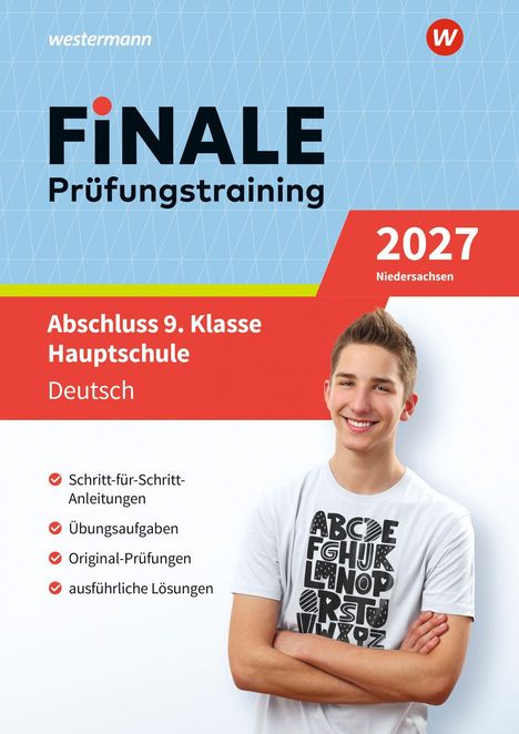 „FiNALE Prüfungstraining 2027 Niedersachsen, Abschluss 9. Klasse Hauptschule Deutsch.“ Junge lächelt.