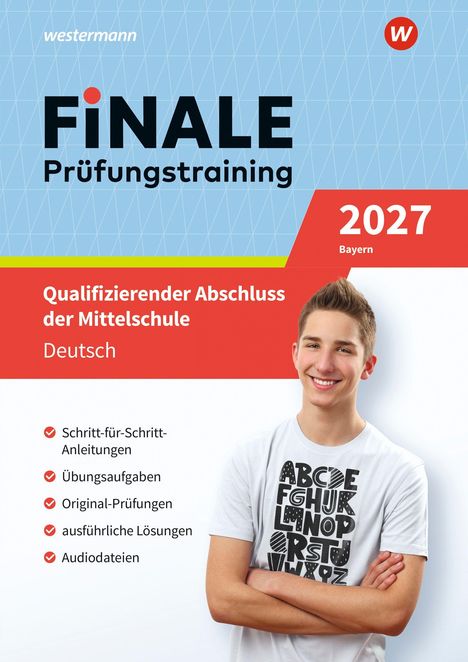 „FINALE Prüfungstraining 2027 Bayern“ steht auf einem Cover. Ein junger Mann lächelt und trägt ein alphabetisch bedrucktes T-Shirt.