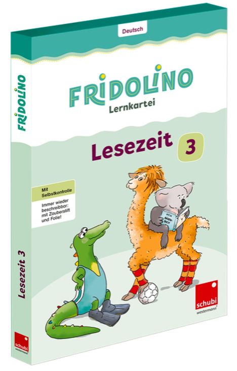 "Lesezeit 3, Fridolino Lernkartei. Illustration: Krokodil, Lama und Koala lesen, spielen Ball."