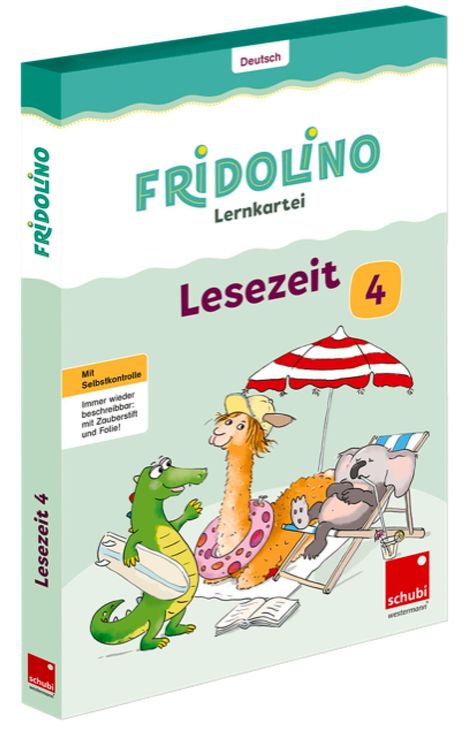 "Lesezeit 4" oben, darunter Zeichnung: Krokodil, Lama und Koala am Strand. "Mit Selbstkontrolle", "Fridolino Lernkartei".