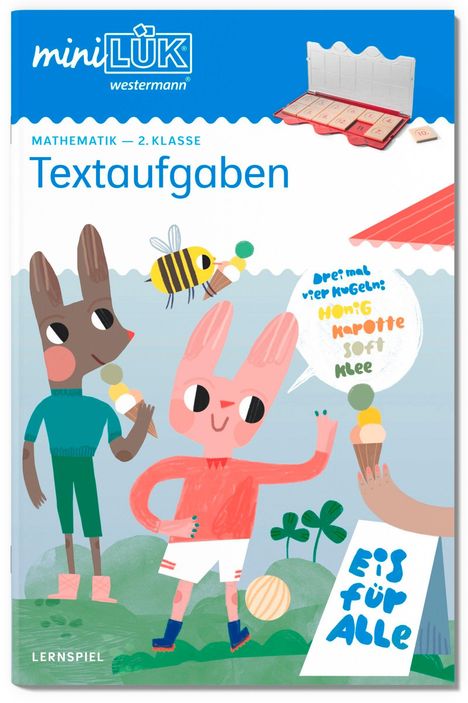 „Mathematik – 2. Klasse Textaufgaben“, „dreimal vier Kugeln: Honig Karotte Soft Klee“, „Eis für alle“. Zwei Hasen, Biene, Eis.