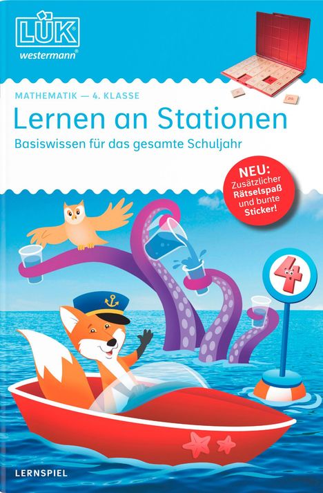 Mathematik – 4. Klasse, Lernen an Stationen. Ein Fuchs als Kapitän in einem Boot, ein Oktopus, eine Eule und Wellen.