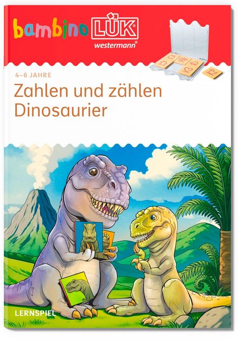 „Zahlen und zählen Dinosaurier“ 4-6 Jahre, Lernspiel. Zwei lächelnde Dinosaurier mit Karten vor einem Vulkan.