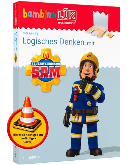 Titel: "Logisches Denken mit Feuerwehrmann Sam". Bild eines animierten Feuerwehrmanns. Hinweis: "Hier wird noch gebaut".