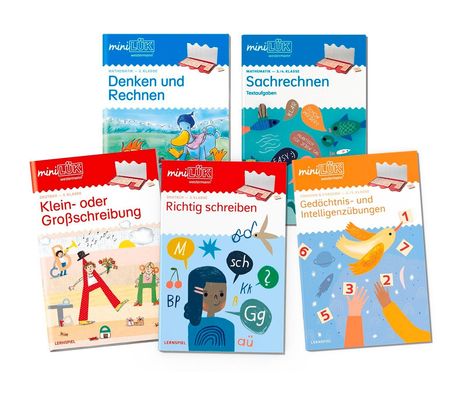 "Denken und Rechnen", "Sachrechnen", "Klein- oder Großschreibung", "Richtig schreiben", "Gedächtnis- und Intelligenzübungen".