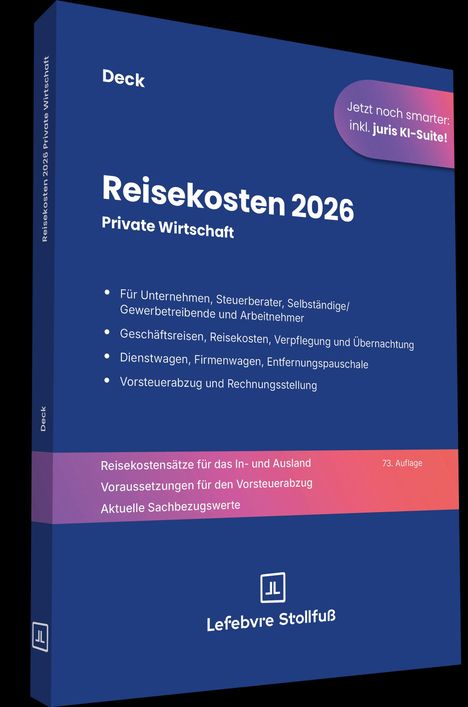 Reisekosten 2026 für private Wirtschaft; Infos zu Abzug & Sachbezug. Logo: Lefebvre S. & JL-Symbol.