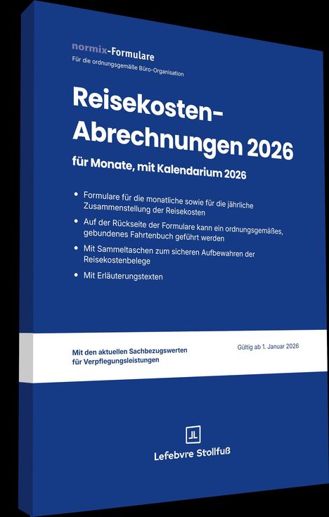 „Reisekosten-Abrechnungen 2026“ steht groß auf einem blauen Formular. Unten das Logo von „Lefebvre Stollfuß“.