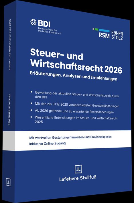Steuer- und Wirtschaftsrecht 2026. Erläuterungen, Analysen, Empfehlungen. Logo von BDI und RSM Ebner Stolz oben links.