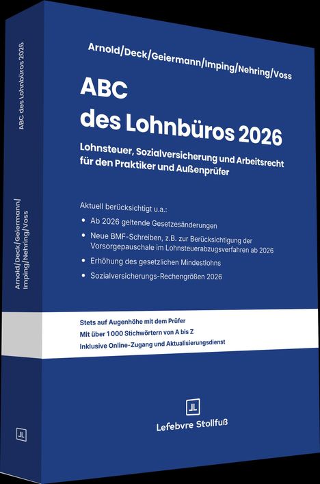 Auf blauem Hintergrund steht: "ABC des Lohnbüros 2026". Autoren: Arnold, Deck, Geiermann, Imping, Nehring, Voss. Logo unten.
