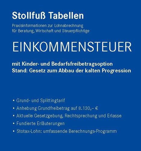 Blauer Hintergrund mit weißem Text: "Stollfuß Tabellen. EINKOMMENSTEUER mit Kinder- und Bedarfsfreibetragsoption."