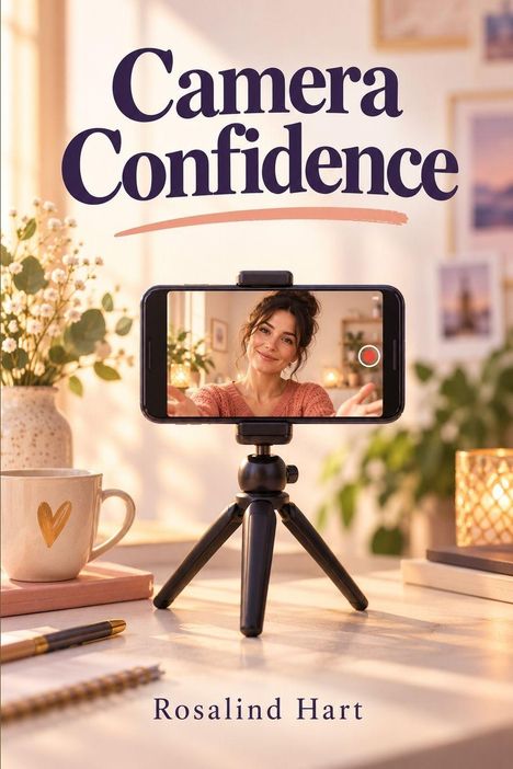 "Camera Confidence" und "Rosalind Hart". Eine Frau filmt sich selbst mit einem Smartphone auf einem Tischstativ.