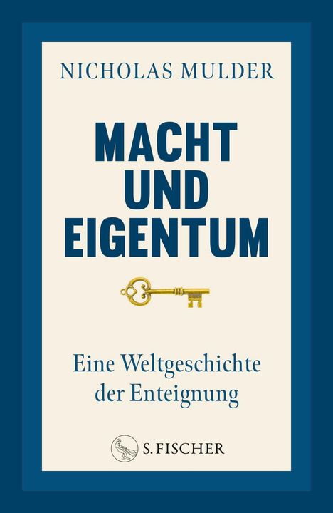 „MACHT UND EIGENTUM“ von Nicholas Mulder, Illustration mit goldfarbenem Schlüssel und S. Fischer Logo.