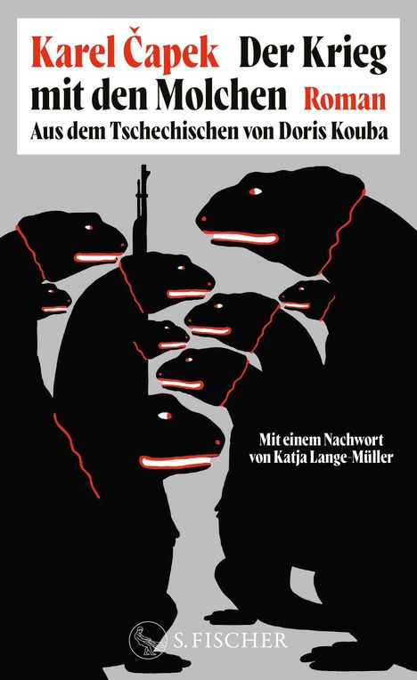 Titel: "Karel Čapek Der Krieg mit den Molchen". Illustration: Dunkle Molche mit roten Umrissen um eine Flosse. Logo "S. Fischer".