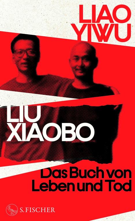 Text: "LIAO YIWU", "LIU XIAOBO", "Das Buch von Leben und Tod". Zwei Personen, in Rot-Schwarz dargestellt.