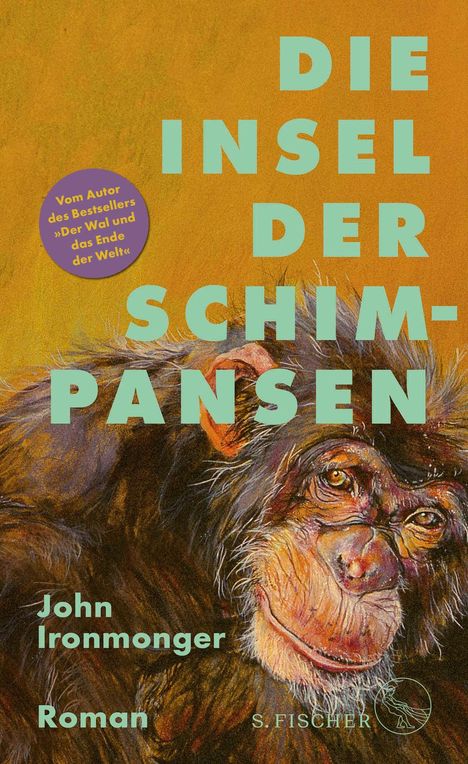 Text: "DIE INSEL DER SCHIMPANSEN", "John Ironmonger", "Roman". Illustration eines Schimpansen mit nachdenklichem Blick.
