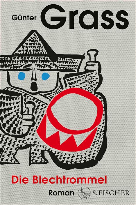 "Günter Grass, Die Blechtrommel, Roman, S. Fischer." Illustration eines Jungen mit Hut und roter Trommel.