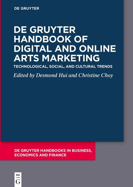 Titel: "De Gruyter Handbook of Digital and Online Arts Marketing". Rot-blauer Einband, schlichte Gestaltung.