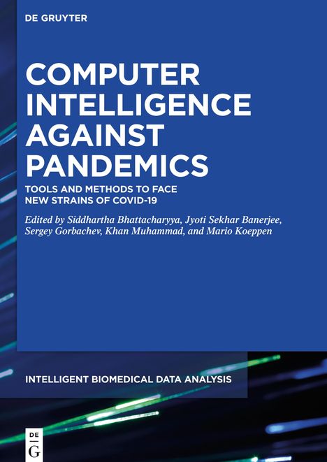 Buchtitel: "COMPUTER INTELLIGENCE AGAINST PANDEMICS". Herausgeber: Mehrere Fachleute. Blauer Hintergrund.