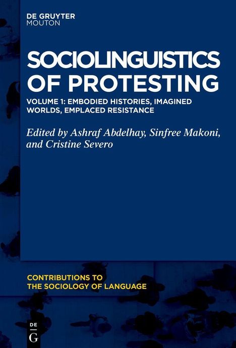 „Sociolinguistics of Protesting“ und Namen der Herausgeber auf blauem Hintergrund. Oben links kleines Verlagslogo.