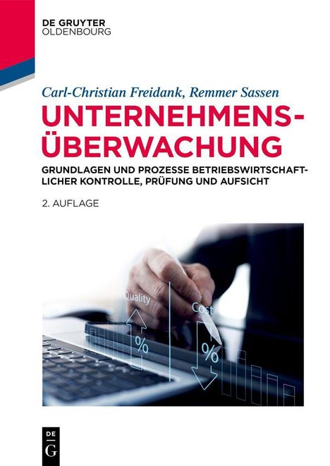 „Unternehmensüberwachung“, Grafiken mit Pfeilen zu „Quality“ und „Cost“ über einem Laptop und Tablet.