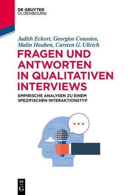 Oben steht "DE GRUYTER OLDENBOURG". Titel: "FRAGEN UND ANTWORTEN IN QUALITATIVEN INTERVIEWS". Illustration eines Kopfes mit Mikrofon.