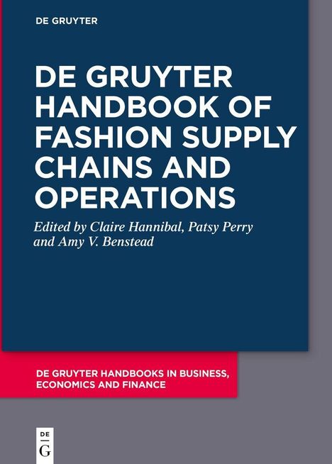 "DE GRUYTER HANDBOOK OF FASHION SUPPLY CHAINS AND OPERATIONS" auf dunkelblauem Hintergrund, rote Leiste unten.