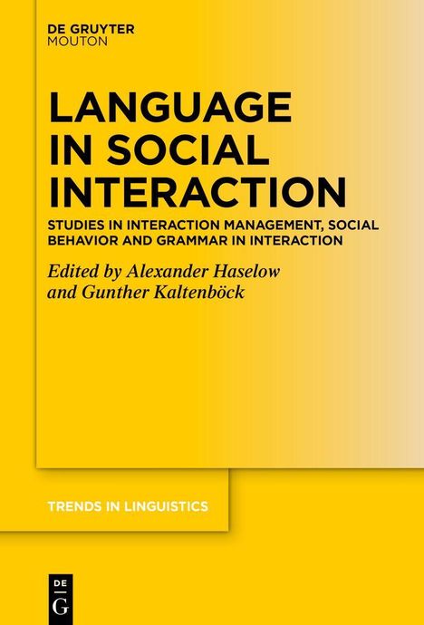 "LANGUAGE IN SOCIAL INTERACTION", gelb-schwarzes abstraktes Buchcover mit Texten zu Sprache und sozialer Interaktion.