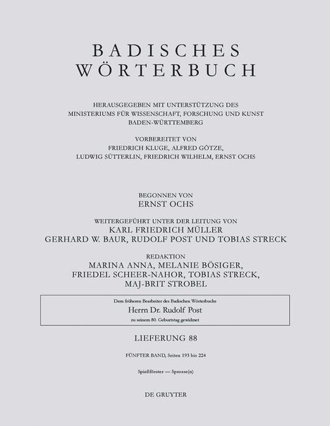 Badisches Wörterbuch V/88, Spießförster - Sprosse(n), Buch