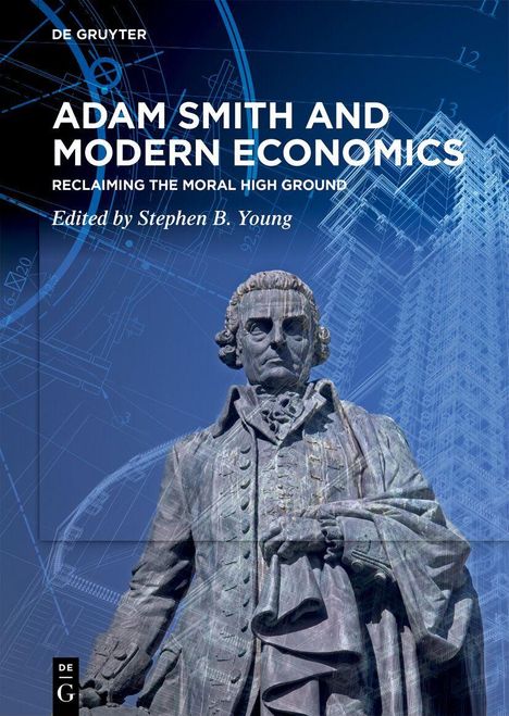 "Adam Smith and Modern Economics", Statue von Mann vor blauem architektonischen Hintergrund.