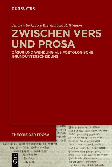 Titel: "Zwischen Vers und Prosa". Autoren: Till Dembeck, Jörg Kreienbrock, Ralf Simon. Roter Hintergrund, Buchcover.