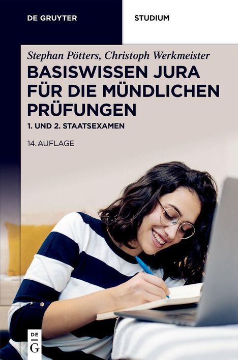 „Basiswissen Jura für die mündlichen Prüfungen, 1. und 2. Staatsexamen, 14. Auflage“; Frau schreibt lächelnd.