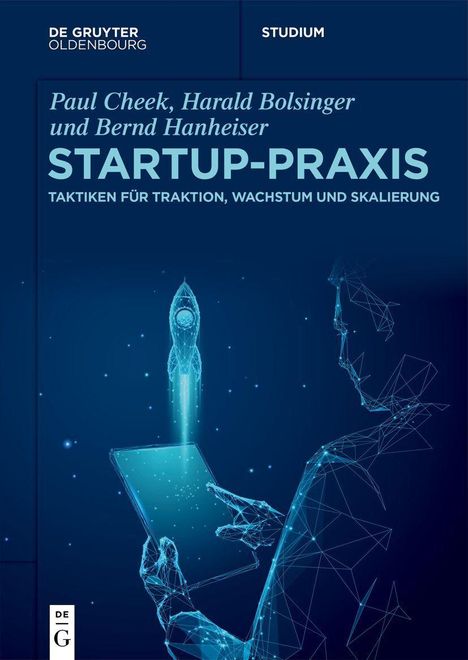 Titel: "STARTUP-PRAXIS". Blaue, digitale Illustration einer Rakete, die von einem Tablet aus startet.