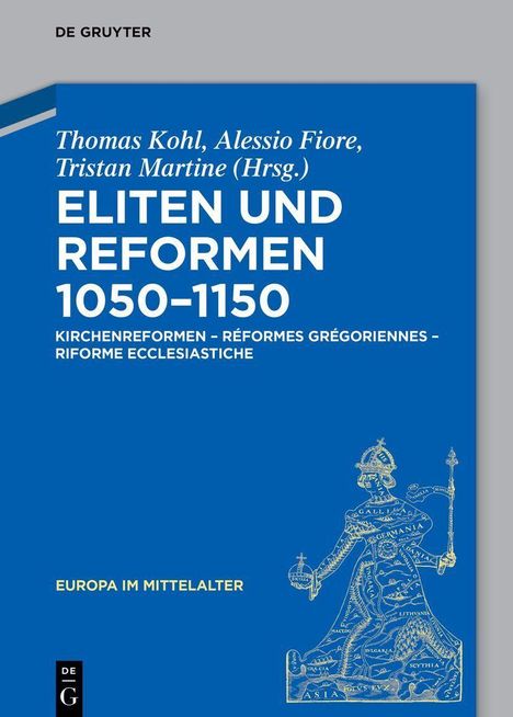 Großer blauer Hintergrund mit Text: "Eliten und Reformen 1050-1150", darunter eine historische Illustration eines gekrönten Herrschers.