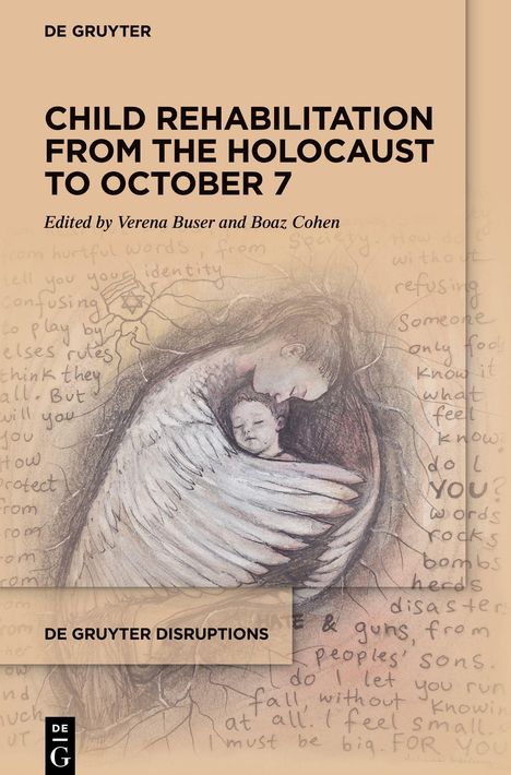 Titel: "Child Rehabilitation from the Holocaust to October 7." Zeichnung: Frau hält Kind, umgeben von Textfragmenten.