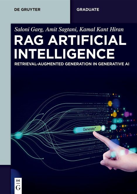 Oben steht "DE GRUYTER GRADUATE". Titel: "RAG ARTIFICIAL INTELLIGENCE". Finger zeigt auf "Generate" mit farbigen Linien.