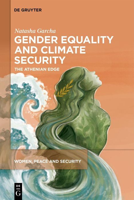 "Gender Equality and Climate Security: The Athenian Edge" in Weiß und Orange; Illustration einer grünen Frau.