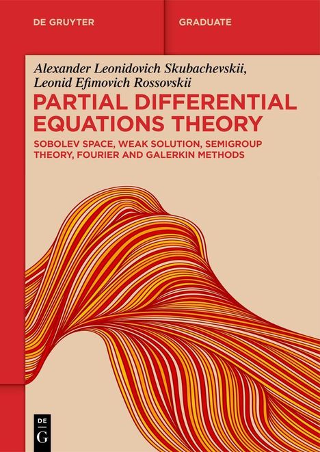 „Partial Differential Equations Theory“ von Skubachevskii und Rossovskii. Abstraktes Muster in Rot und Gelb.