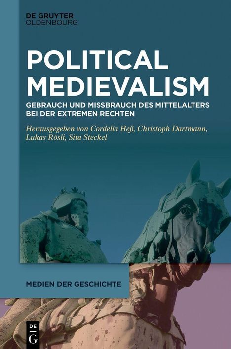 Titel: Political Medievalism. Skulptur eines gepanzerten Reiters und Pferds, mit blauem und rosa Farbverlauf.
