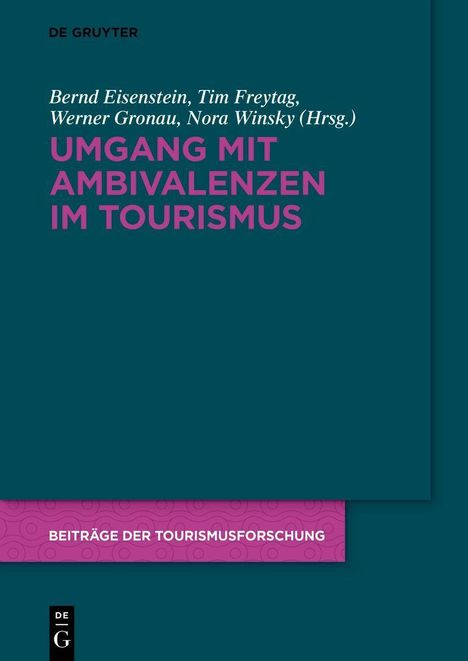 Text: "Umgang mit Ambivalenzen im Tourismus". Blaues Cover, Schrift in Weiß und Lila, unten ein lila Banner.