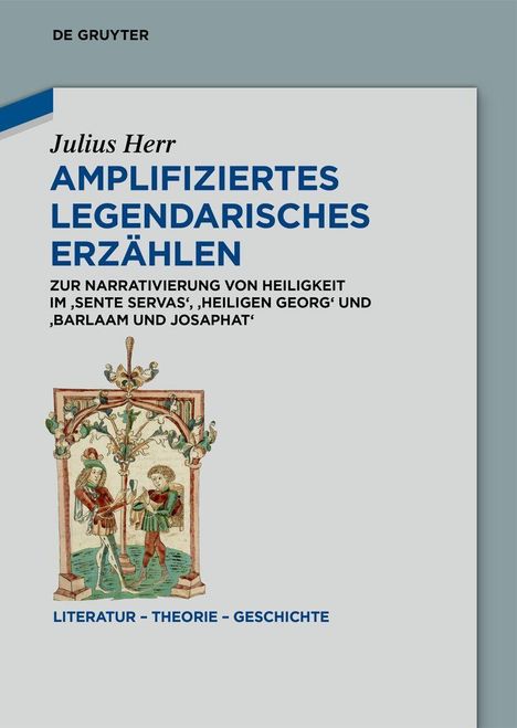 Buchtitel: "AMPLIFIZIERTES LEGENDARISCHES ERZÄHLEN". Illustration: Zwei Figuren unter einem verzierten Bogen.