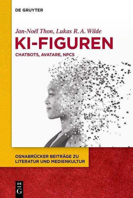 "KI-FIGUREN: CHATBOTS, AVATARE, NPCS." Seitliches Frauenprotrait mit pixelartiger Auflösung in schwarz-weiß.