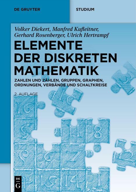 Text: "De Gruyter Studium, Elemente der Diskreten Mathematik, 2. Auflage" zeigt blaue Puzzleteile mit weißen Zahlen.