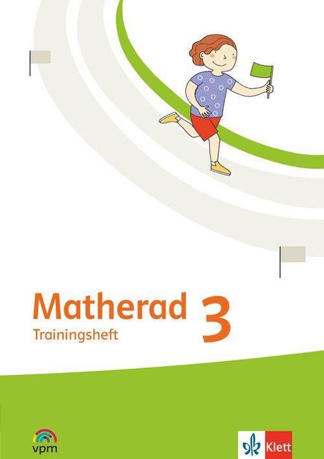 Die Texte lauten: "Matherad Trainingsheft 3". Oben ist eine Illustration von einem Kind mit rotem Haar. Logos unten.