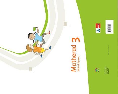 Text: "Matherad 3 Materialpaket". Zwei Kinder rennen fröhlich. Links und rechts gibt es grüne Elemente.